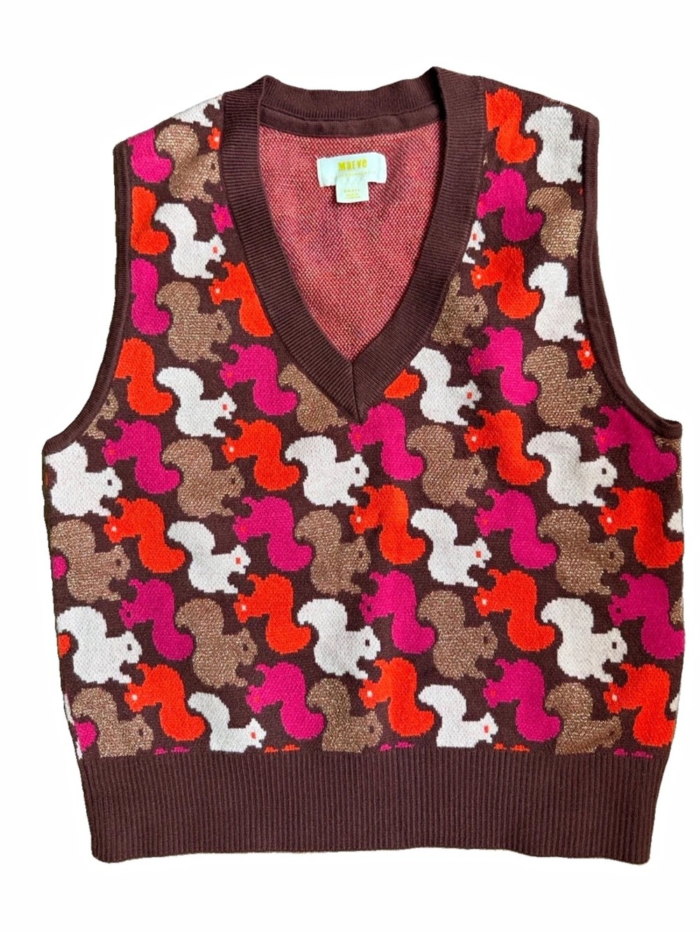 Maeve Retro Squirrel Pattern V-Neck Sweater Vest - Brown & Pink